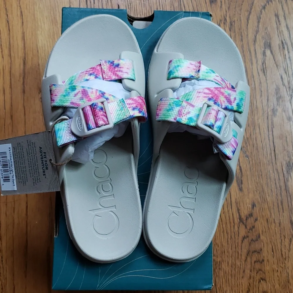 NIB Chaco Chillos Slide Sandal In White Multicolor Tie Dye Kids Size 2
